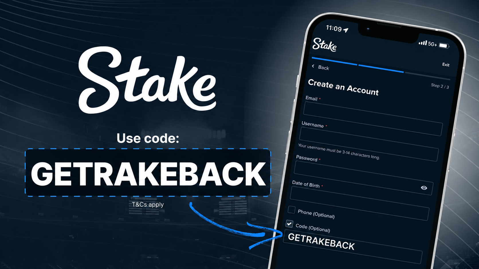 Stake promo code GETRAKEBACK shown in the referral code field to unlock the welcome offer