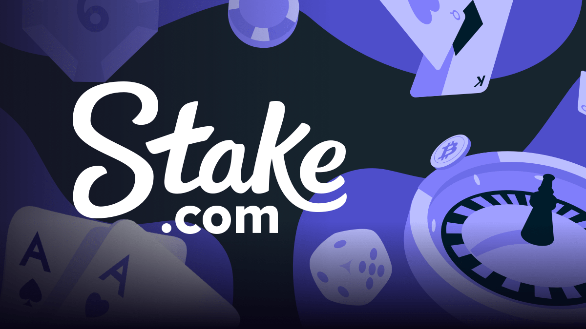 Crypto casino game pieces including dice, cards, chips and a Bitcoin token representing Stake access for Canadians