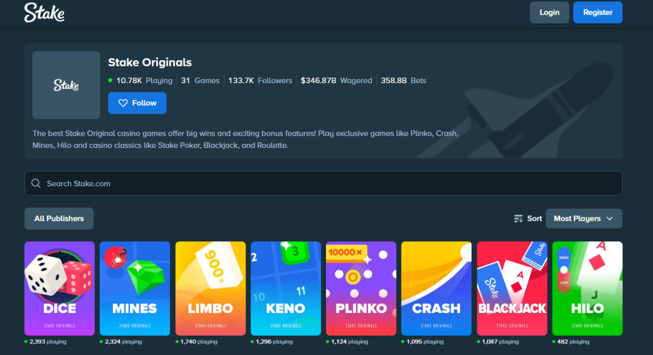 Stake Originals games lobby showing Dice, Mines, Limbo, Keno, Plinko, Crash, Blackjack and Hilo tiles