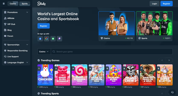 Overview of the Stake casino and sportsbook platform showing game categories, registration and responsible gambling links
