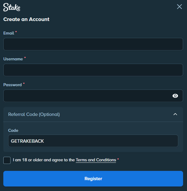 Stake account access in Canada: the create an account and sign-in form with email, username, password and referral code fields